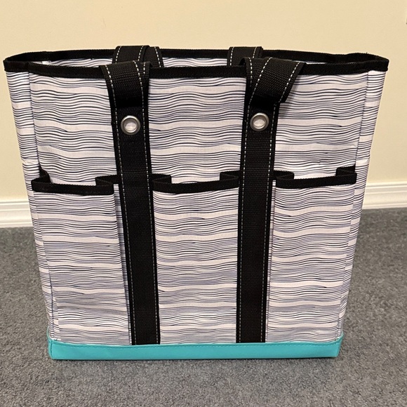 Scout Black Trimmed Tote with Turquoise Base and Navy blue wavy lines. NWOT - Picture 2 of 7